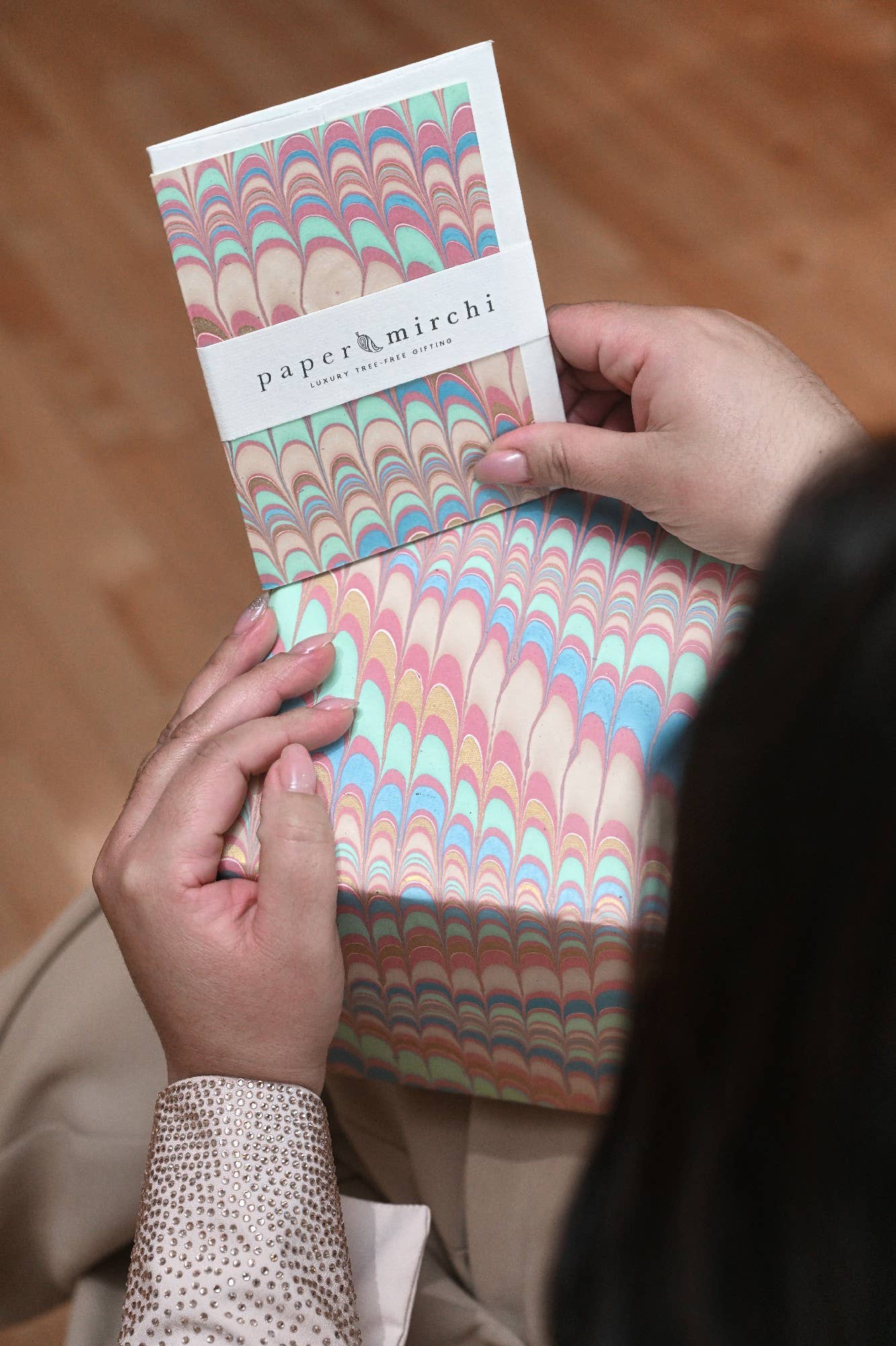 Hand Marbled Wrapping Paper Sheets S/2 - Scallops Mint Rose