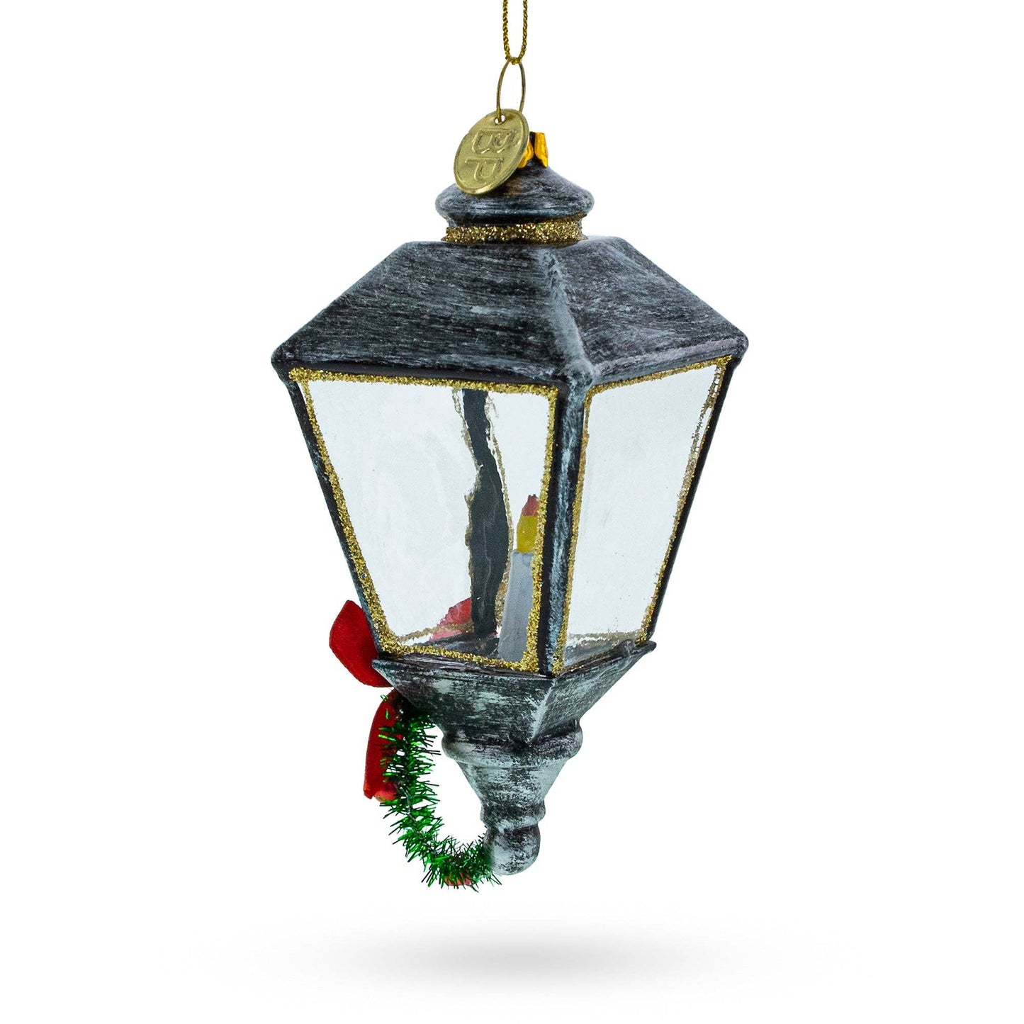 Festive Lantern with Red Bow Glass Ornament