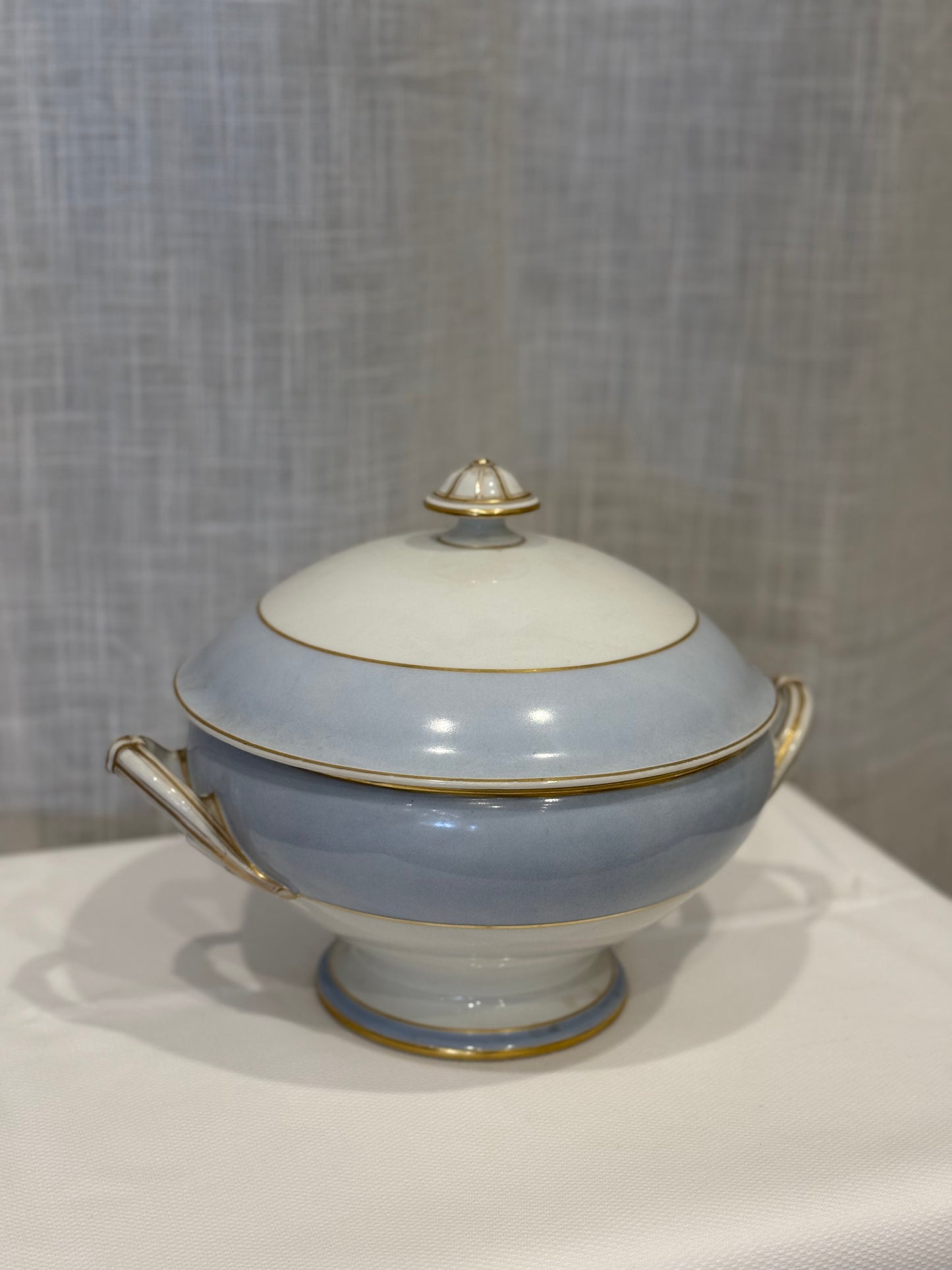 Round Ironstone Tureen with Lid - White and Blue with Gold Accents