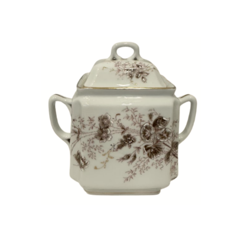 Ironstone Two-Handle Sugar Jar with Lid - White with Brown Floral Motif