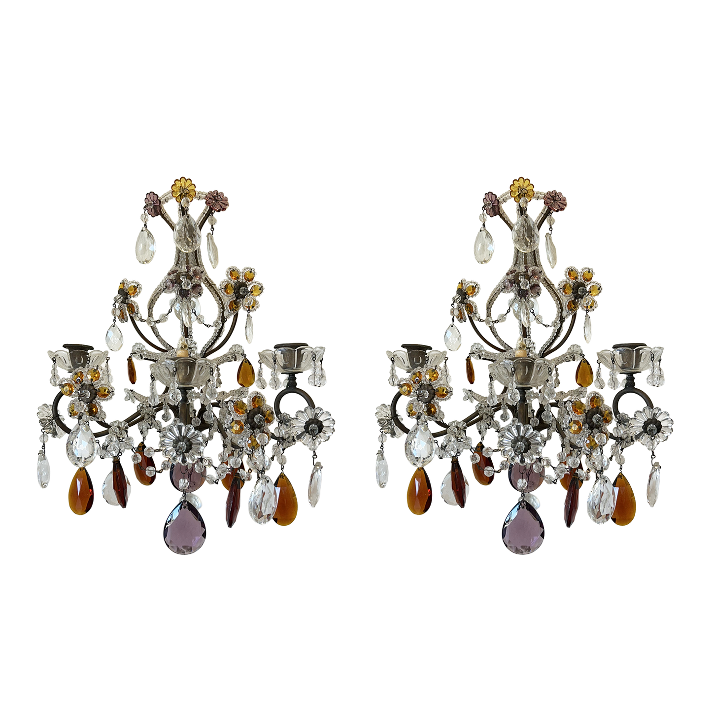 Pair of French Beaded Crystal Three-Light Sconces
