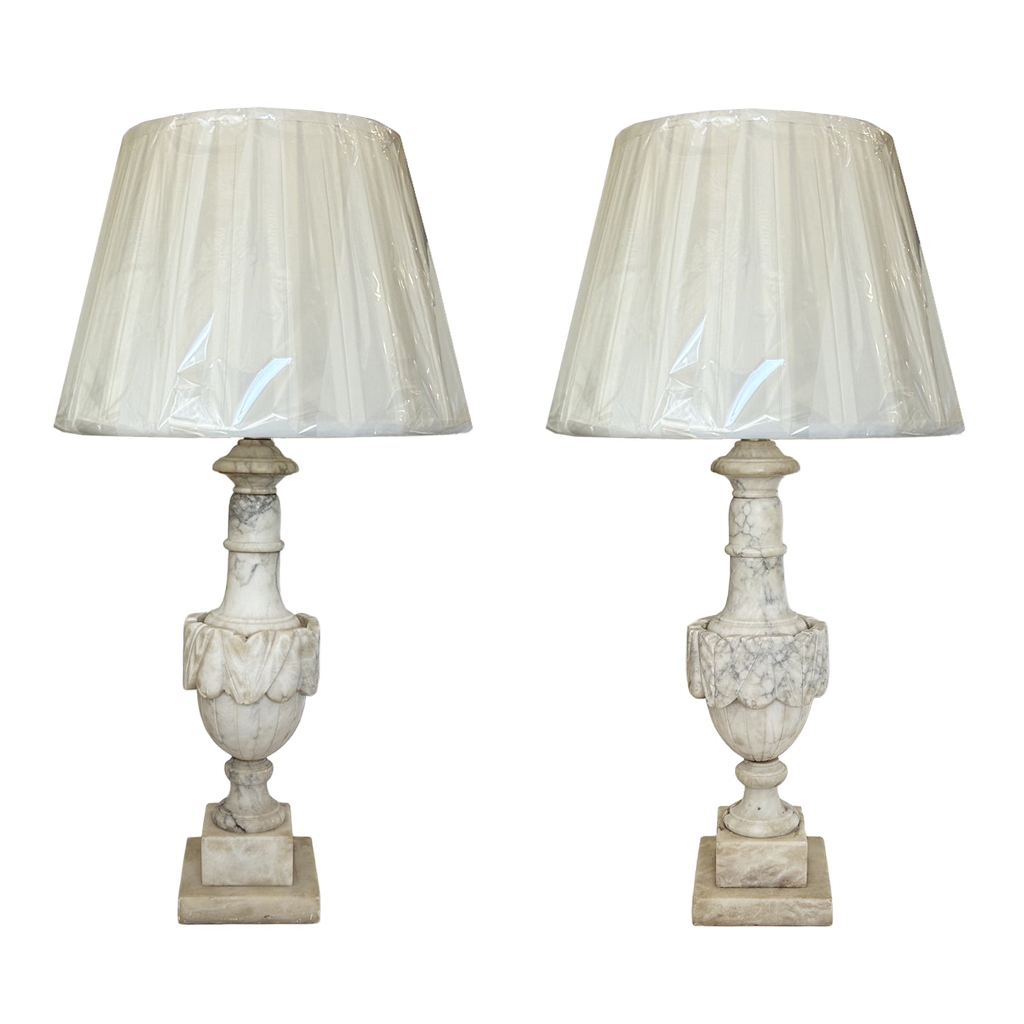 Pair of Alabaster Lamps with Pleated Shade