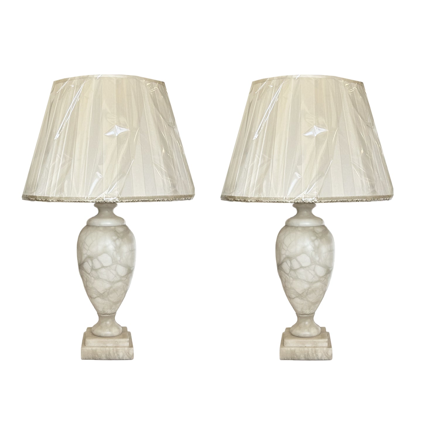 Pair of Alabaster Lamps with Custom Silk Shade