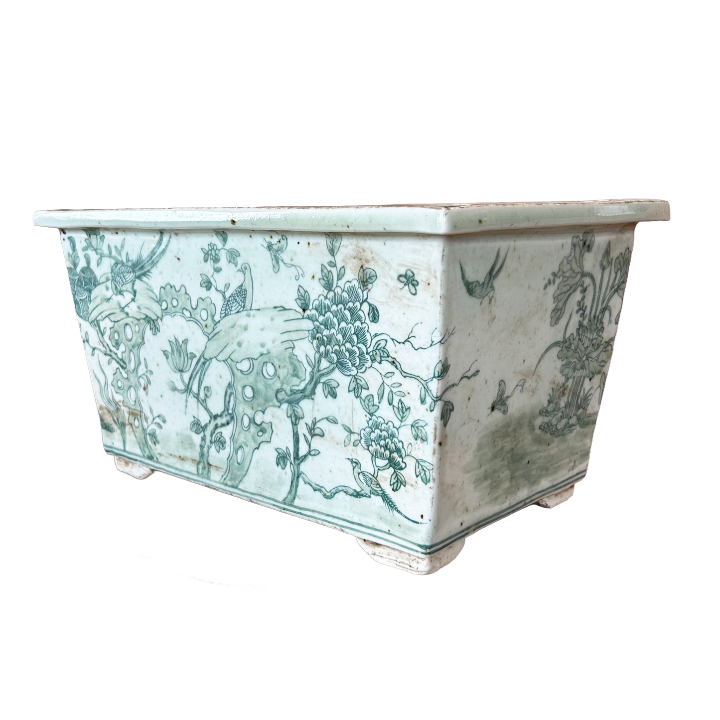 Green and White Floral Planter