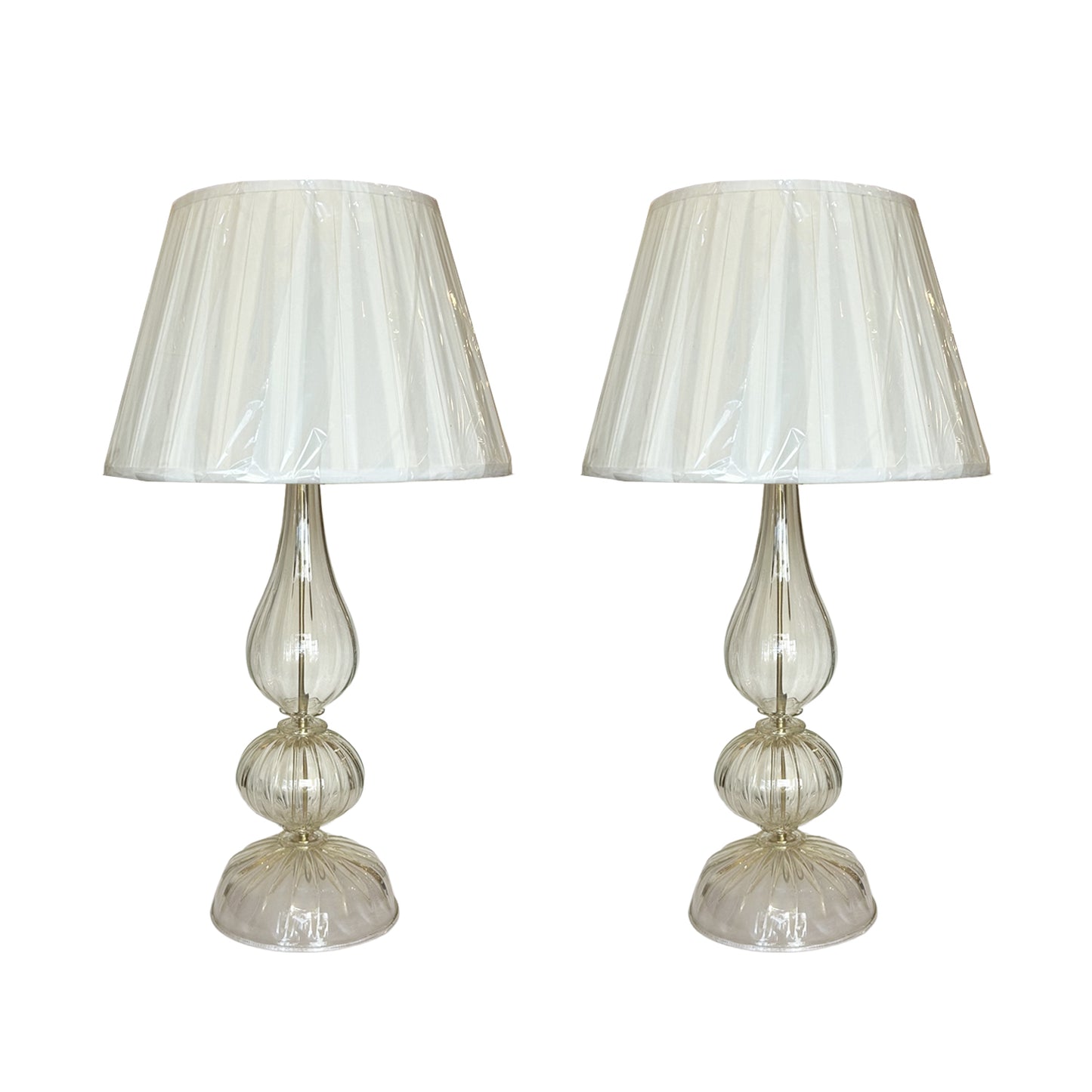 Pair of Murano Glass Lamps with Pleated Silk Shade
