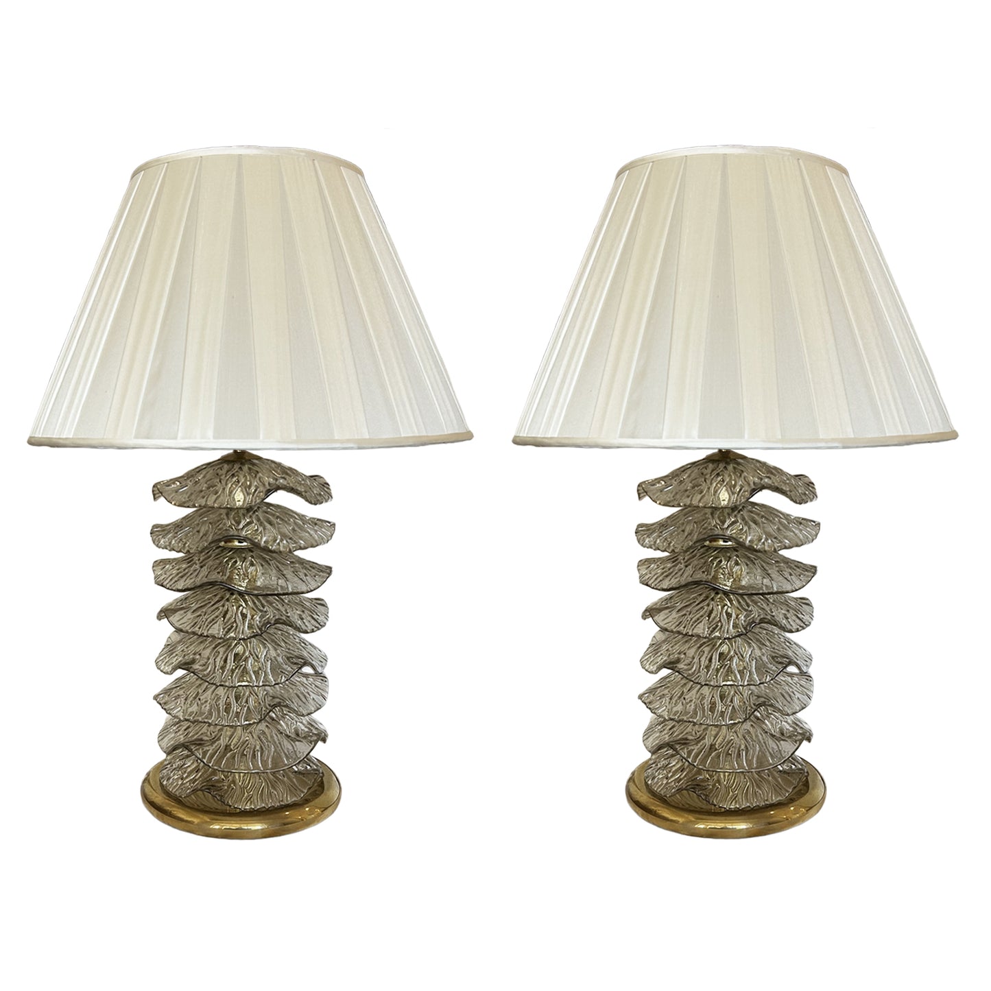 Pair of Murano Glass Ruffle Lamps with Silk Pleated Shade