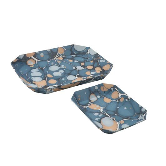 Marbled Octagonal Tray Set - Blue/Ochre Pebbles