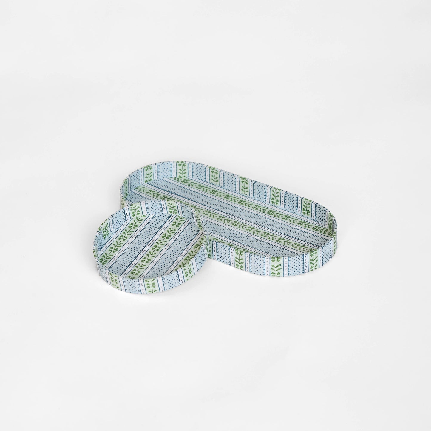 Block-Printed Round Desk Tray Set - Mint-Sky Rhea