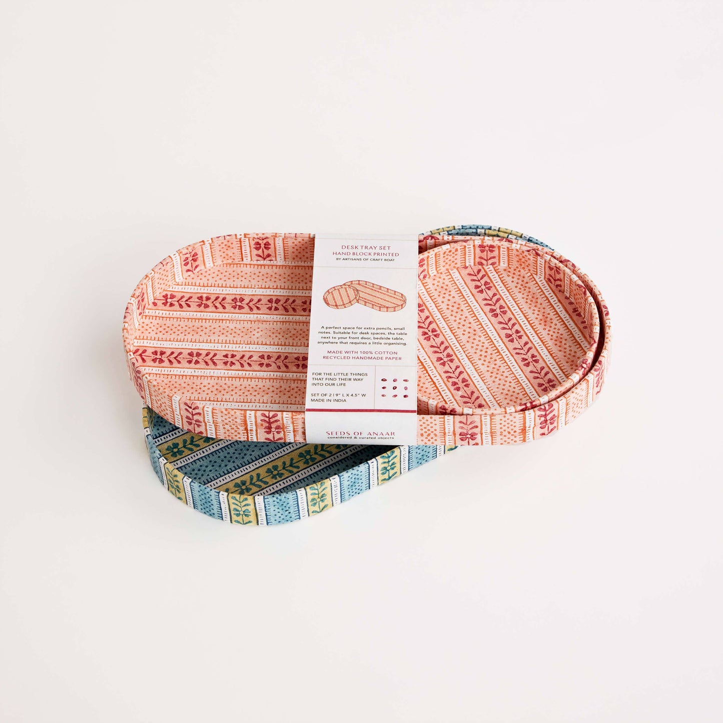 Block Printed Desk Tray Set - Floral Stripe Blue