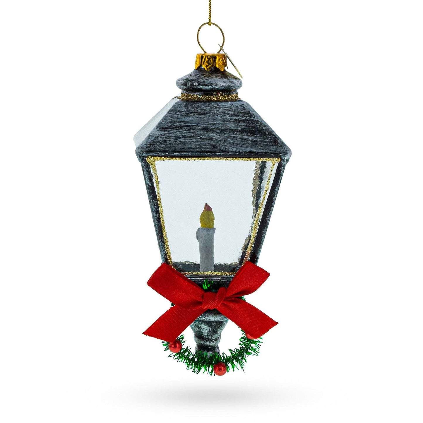 Festive Lantern with Red Bow Glass Ornament