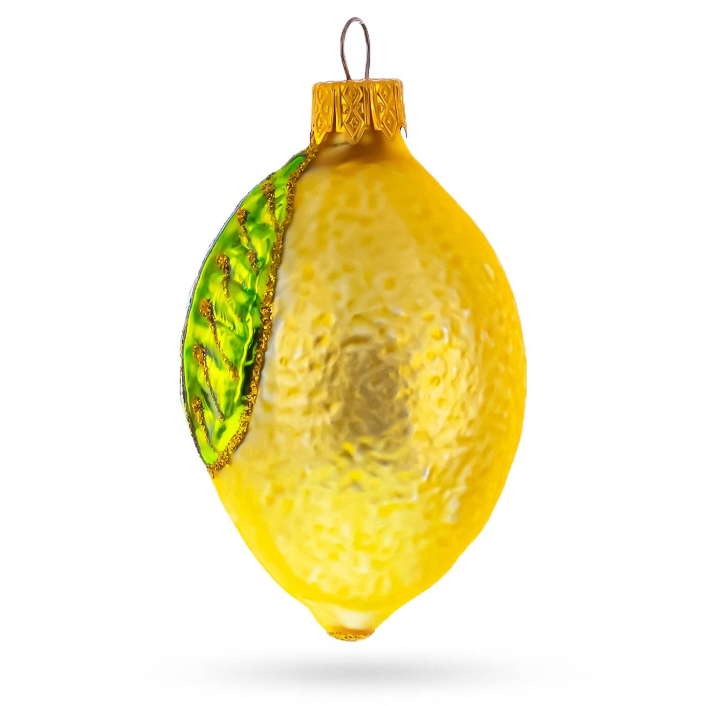 Lemon with Green Leaf Glass Ornament