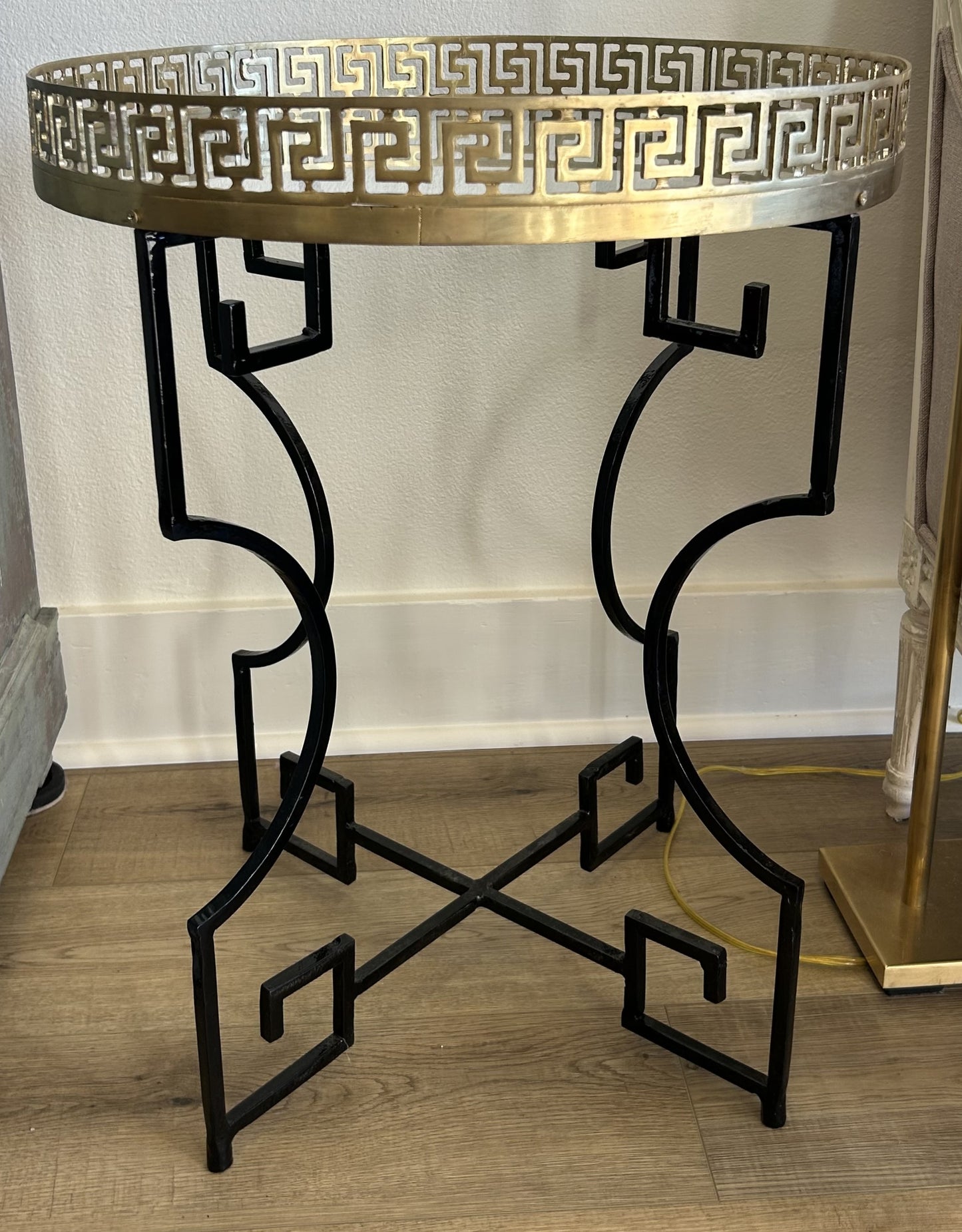 Pair of French Greek Key Iron and Brass Side Tables