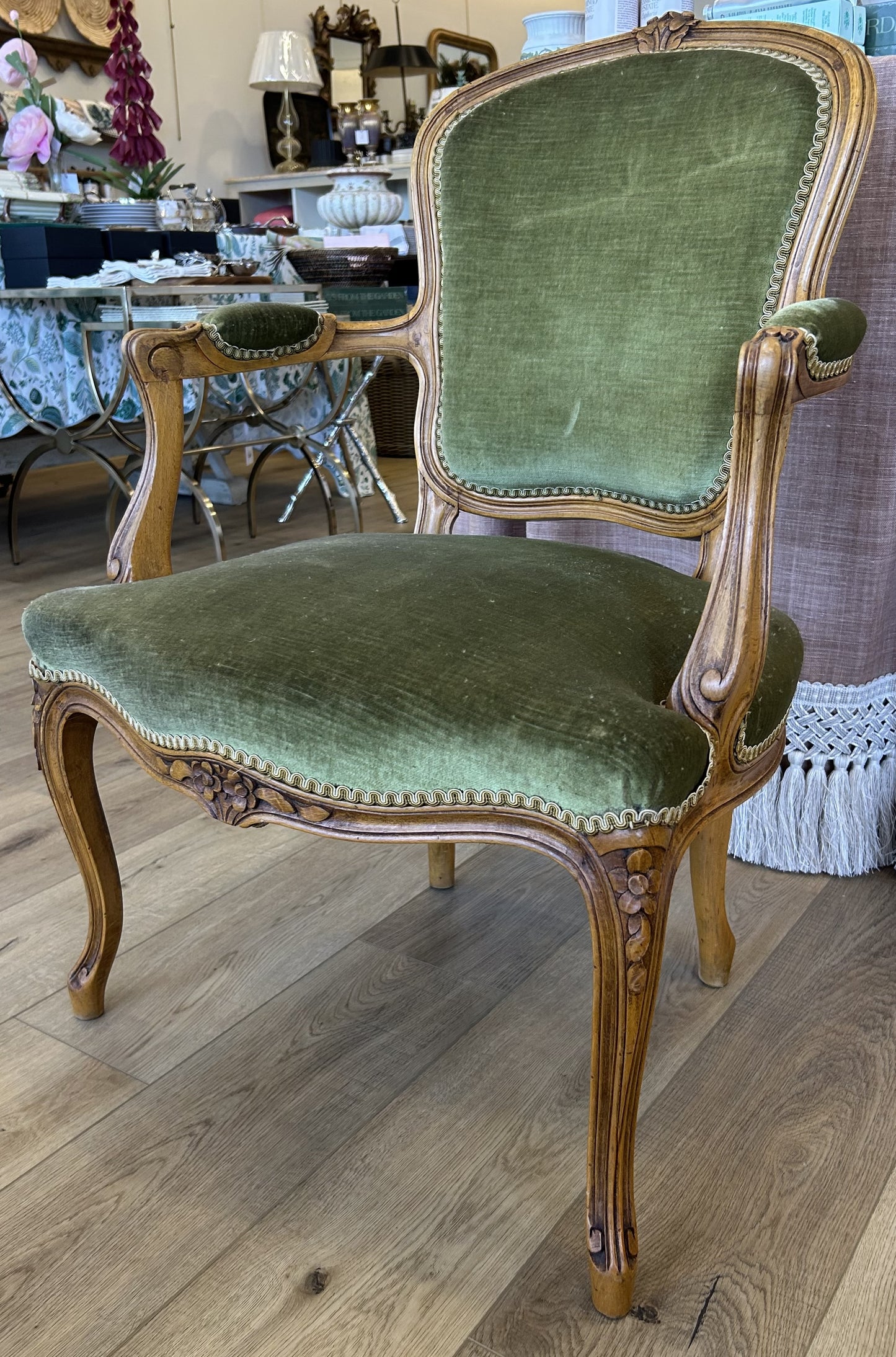 Louis XV Upholstered Wood Arm Chair with Floral Detailing