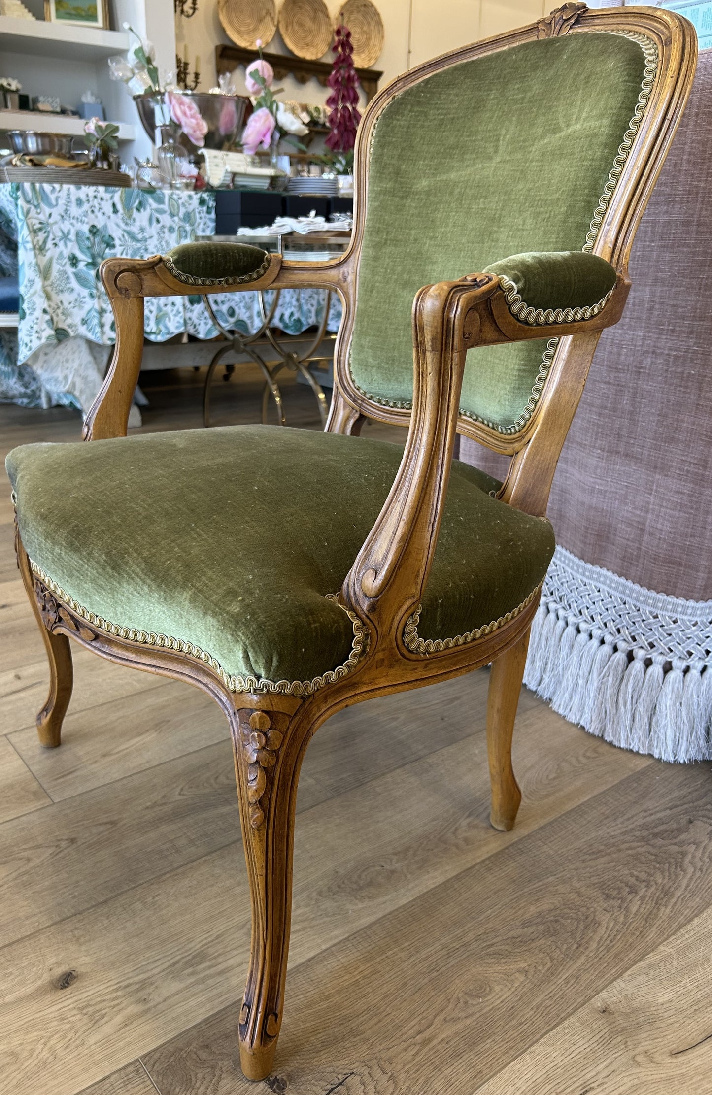 Louis XV Upholstered Wood Arm Chair with Floral Detailing