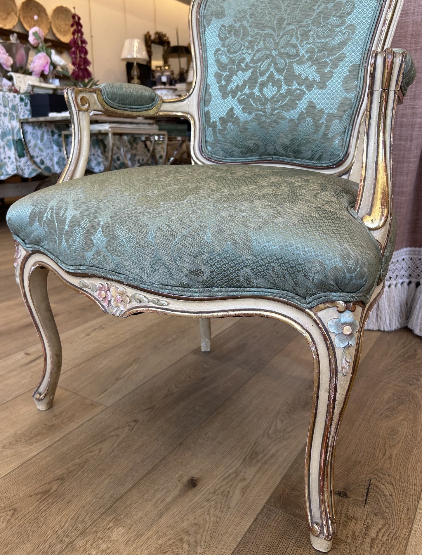 French Fauteuil Arm Chair with Gild and Floral Motif
