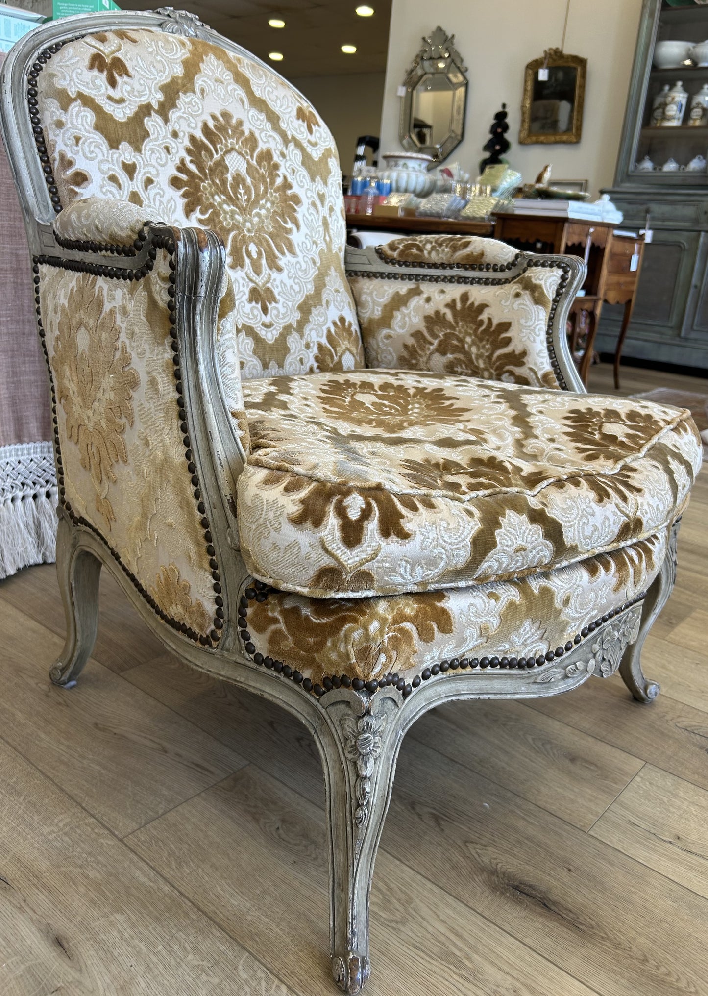 Louis XV Style Gris Peinte Bergere Arm Chair