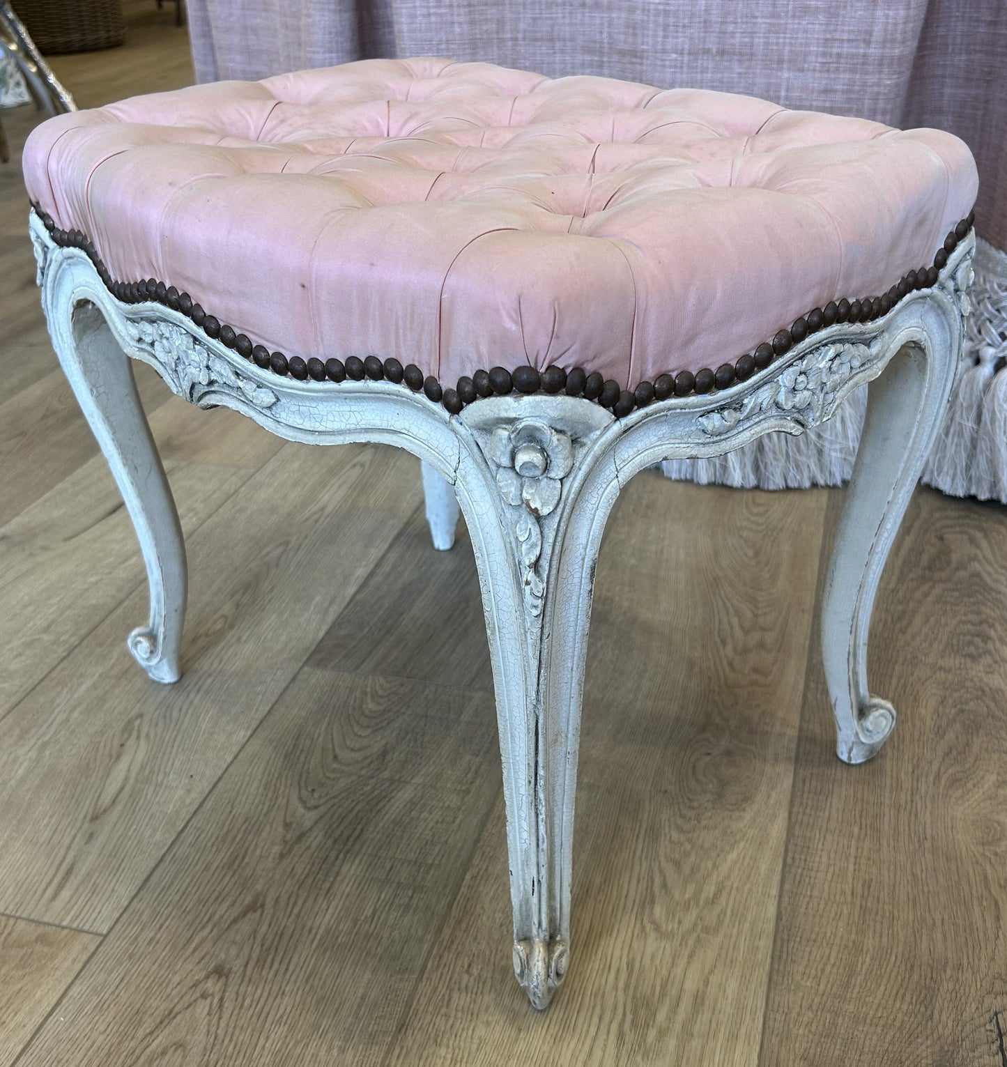 Painted Stool with Decorative Carving