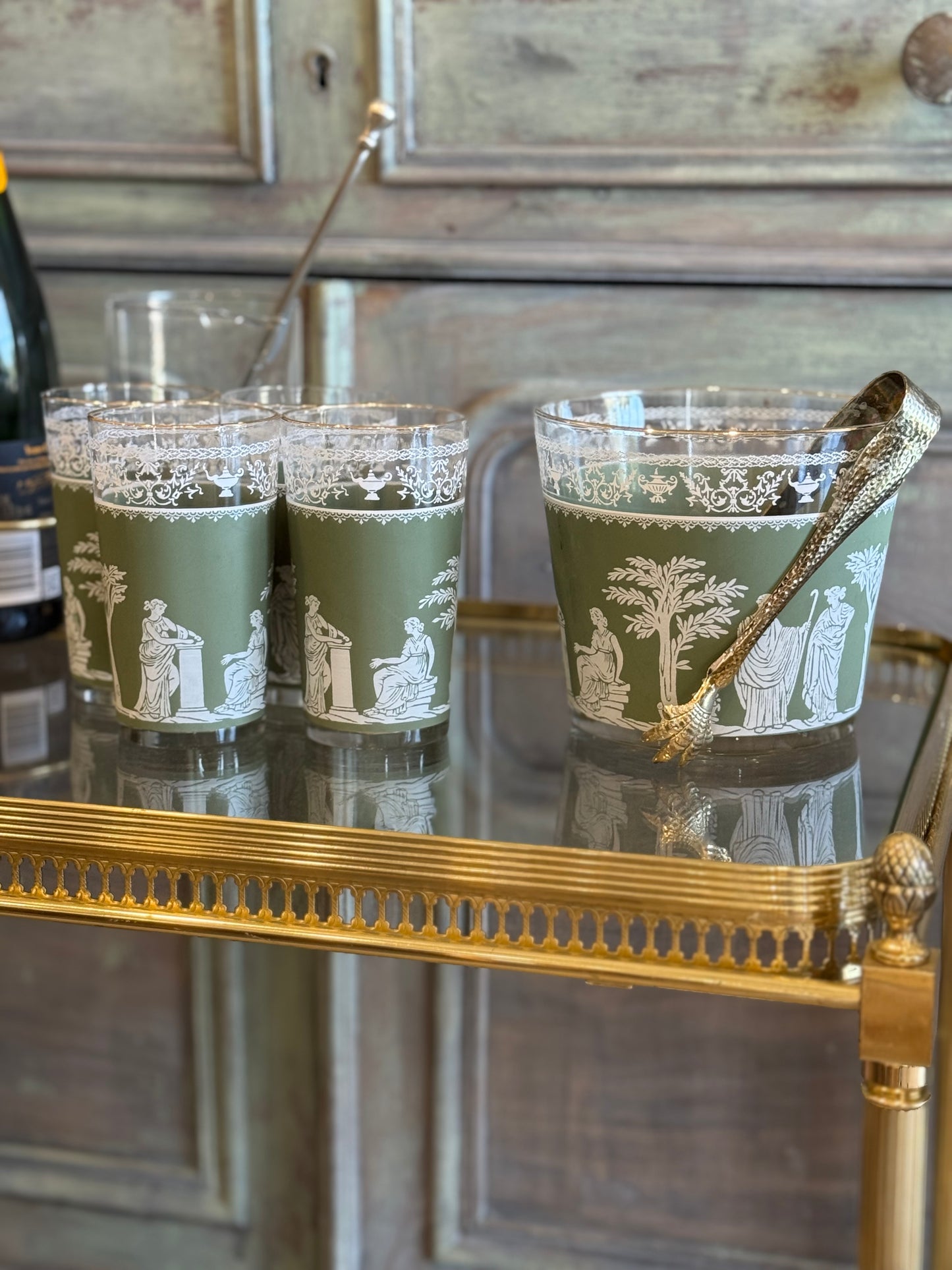 Vintage Wedgewood Jasperware Green Ice Bucket with Tongs and (4) Tumblers