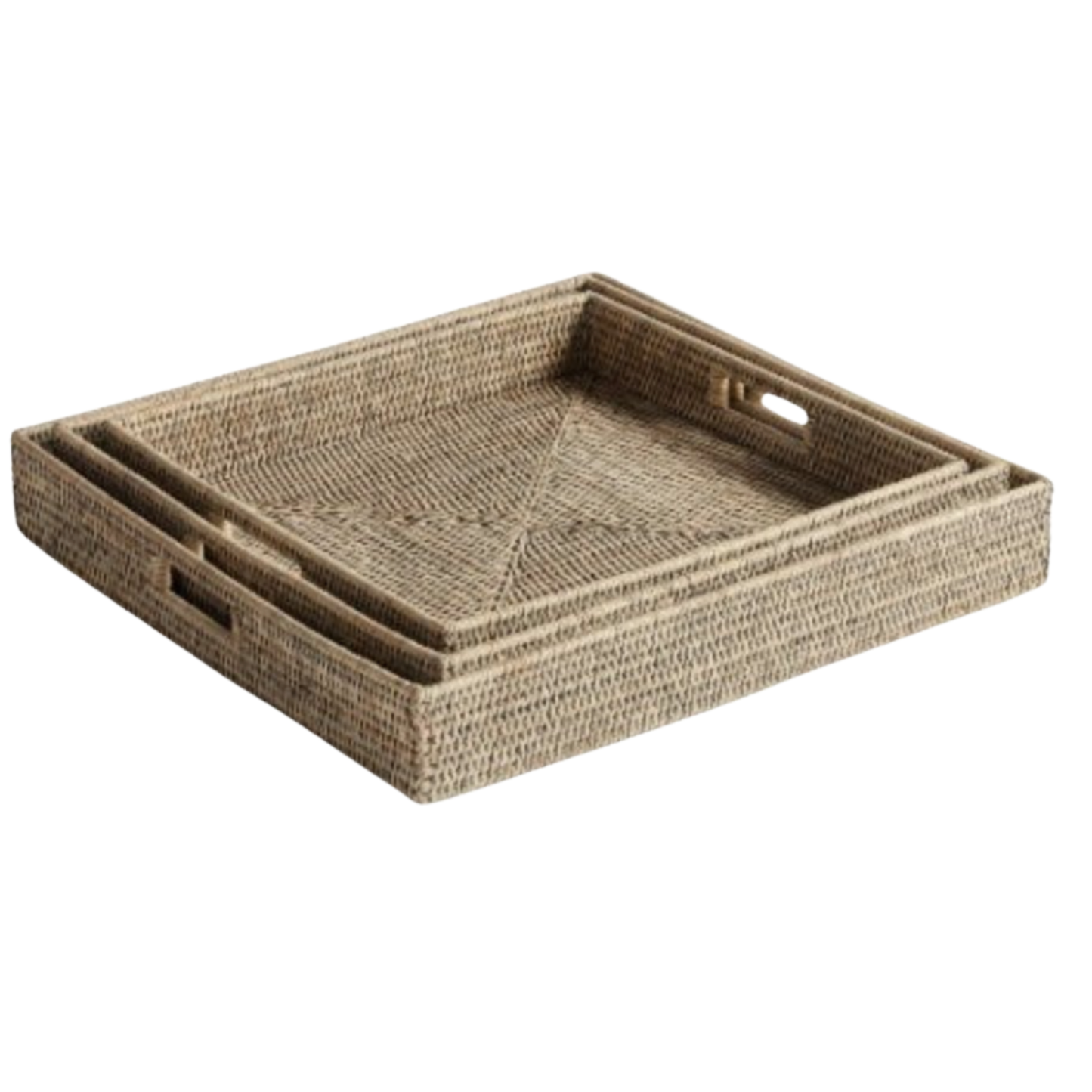 Rattan Square Tray with Handles - Gray/Medium