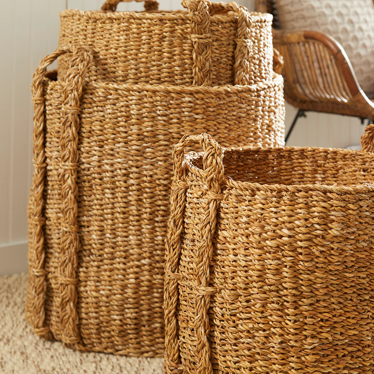 Seagrass Round Woven Baskets with Handles