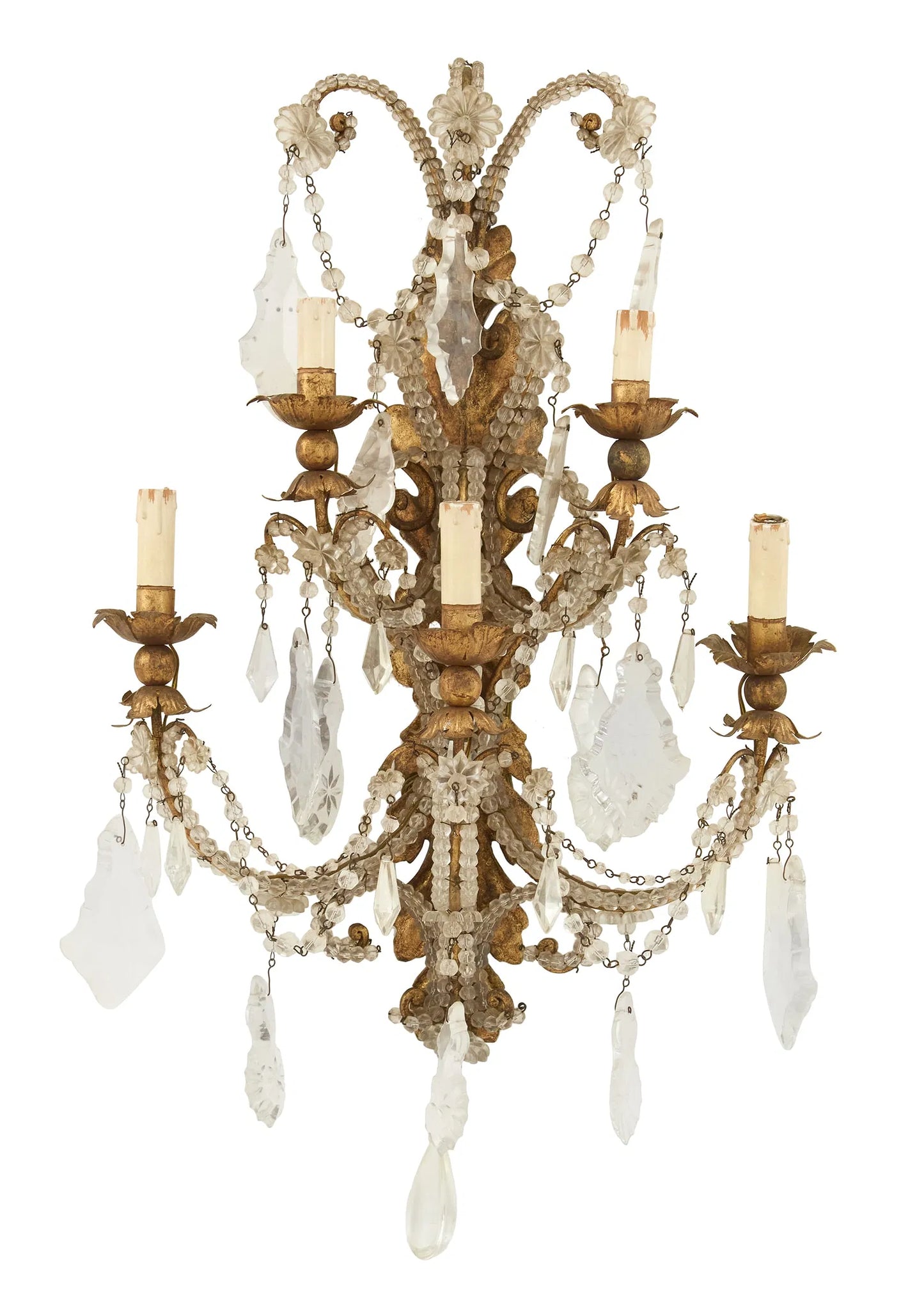 Early 20th Century Pair of Crystal and Gilt Sconces