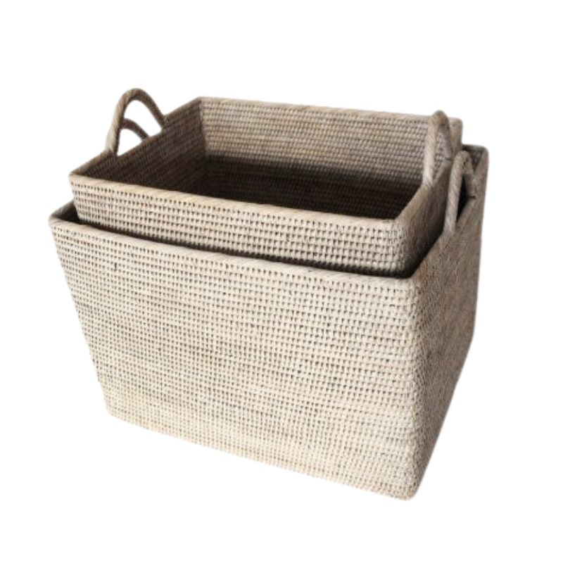 Rectangle Rattan Basket with Loop Handles - Whitewash