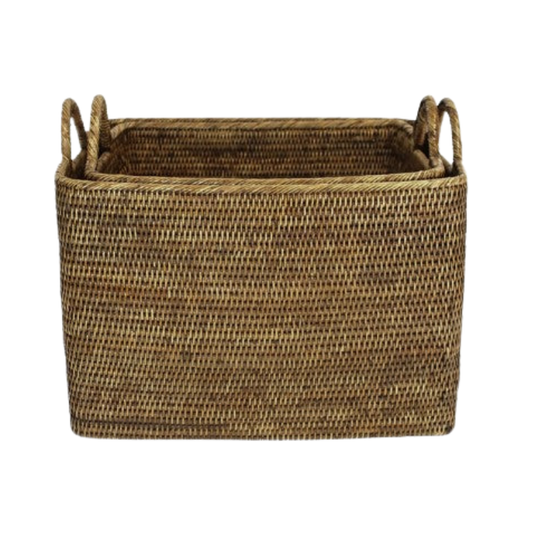 Rectangle Rattan Basket with Loop Handles - Brown