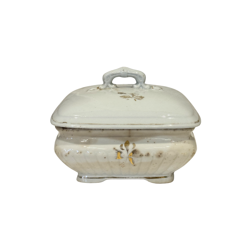 Ironstone Small Square Tureen with Lid - White with Gold Floral Motifs