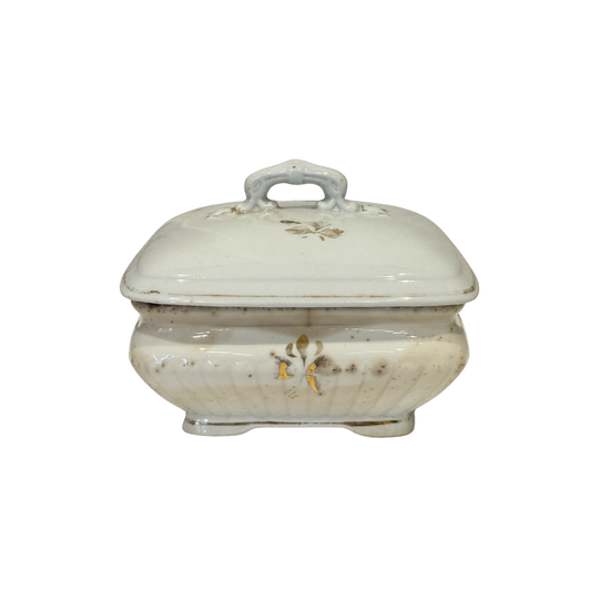 Ironstone Small Square Tureen with Lid - White with Gold Floral Motifs