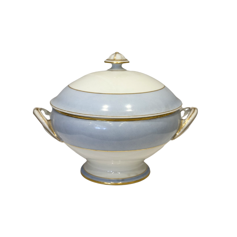 Round Ironstone Tureen with Lid - White and Blue with Gold Accents