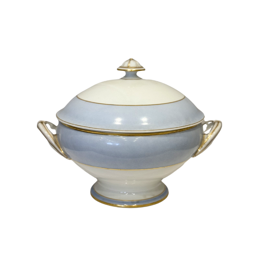 Round Ironstone Tureen with Lid - White and Blue with Gold Accents