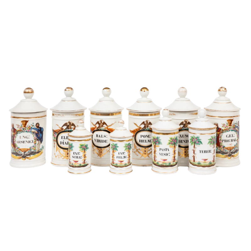 Antique Porcelain Apothecary Jars - Set/10