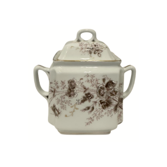 Ironstone Two-Handle Sugar Jar with Lid - White with Brown Floral Motif