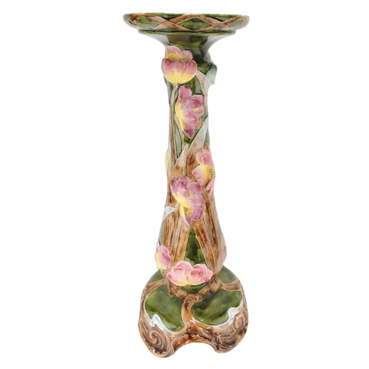 Continental Majolica Pedestal With Flowers
