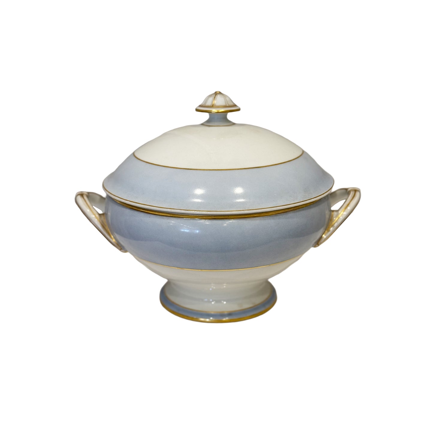 Round Ironstone Tureen with Lid - White and Blue with Gold Accents