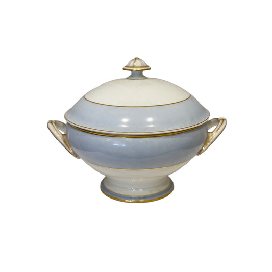 Round Ironstone Tureen with Lid - White and Blue with Gold Accents