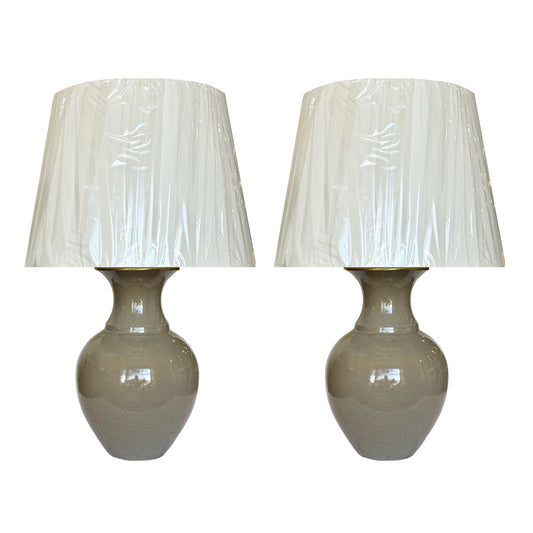 Pair of Ceramic Table Lamps in Mushroom Glaze with Linen Shade