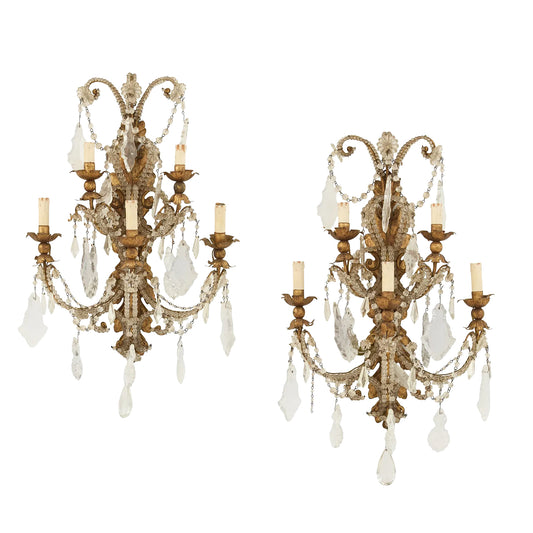 Early 20th Century Pair of Crystal and Gilt Sconces