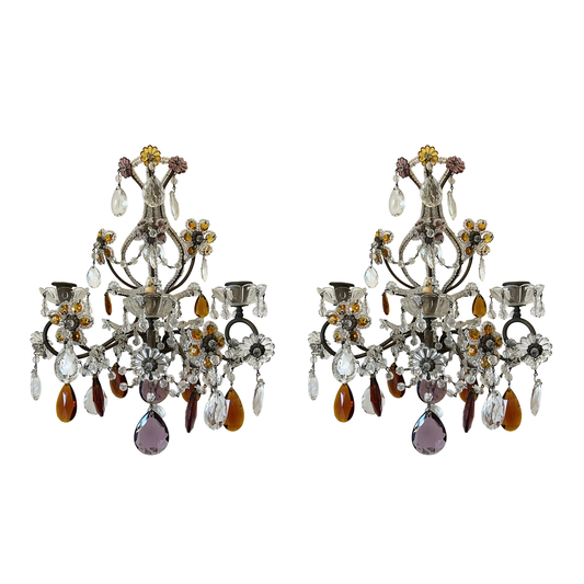 Pair of French Beaded Crystal Three-Light Sconces