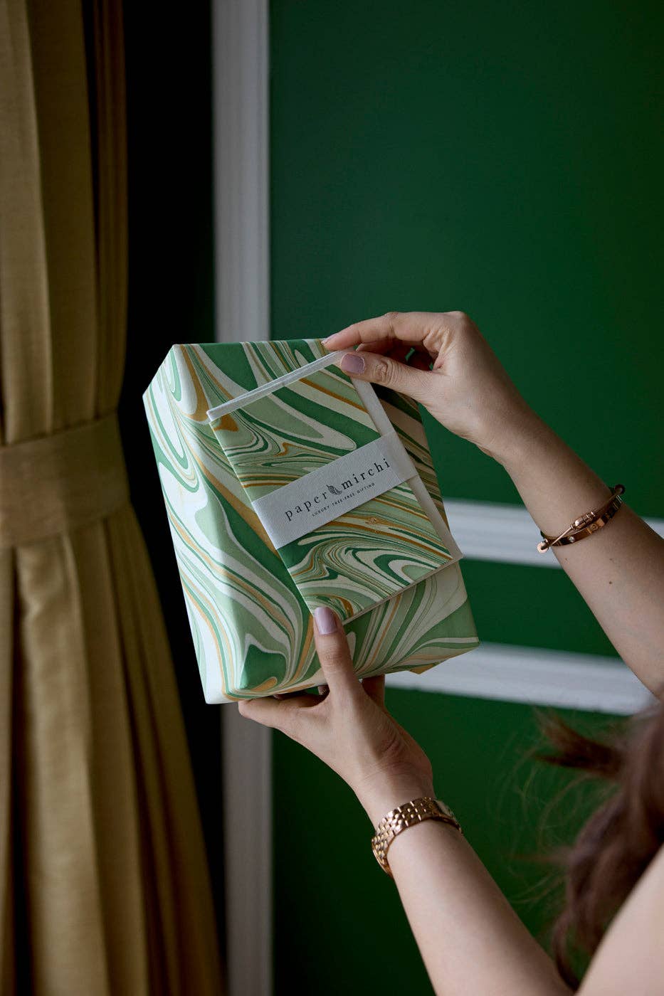 Hand Marbled Wrapping Paper Sheets S/2 - Waves Matcha