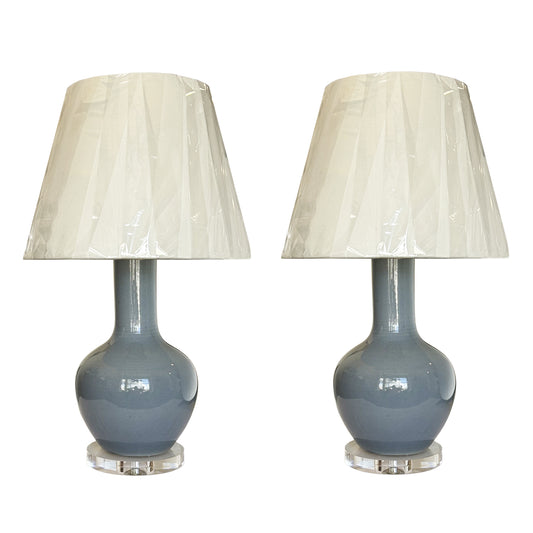 Pair of Ceramic Table Lamps in Slate Blue/Gray Glaze with Linen Shade