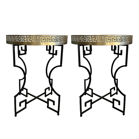 Pair of French Greek Key Iron and Brass Side Tables