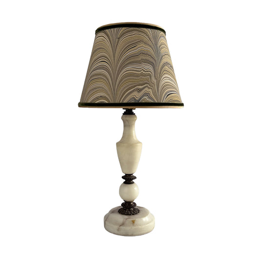 Antique Marble Candlestick Lamp with Hand Marbled Olive Paper Shade