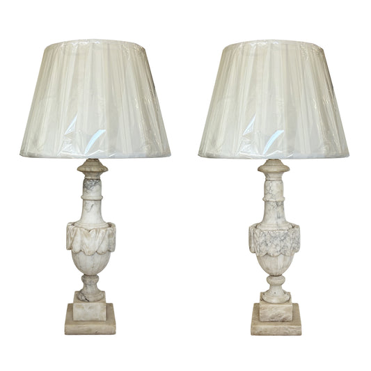 Pair of Alabaster Lamps with Pleated Shade