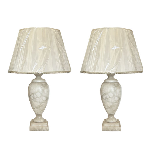 Pair of Alabaster Lamps with Custom Silk Shade