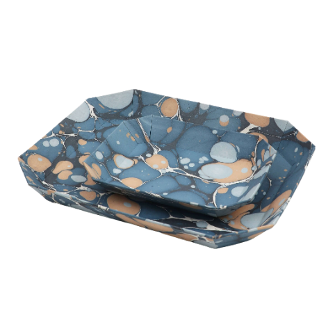 Marbled Octagonal Tray Set - Blue/Ochre Pebbles