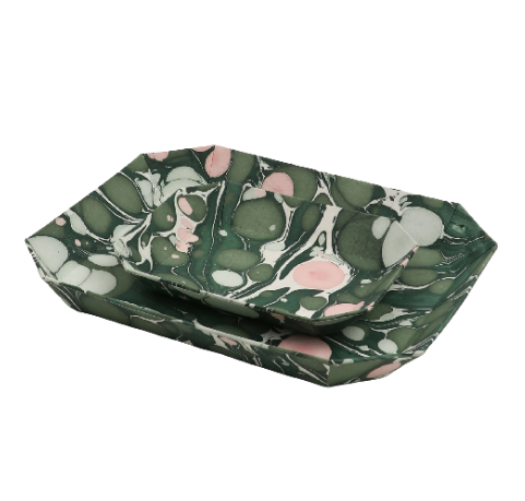 Marbled Octagonal Tray Set - Green Pebbles