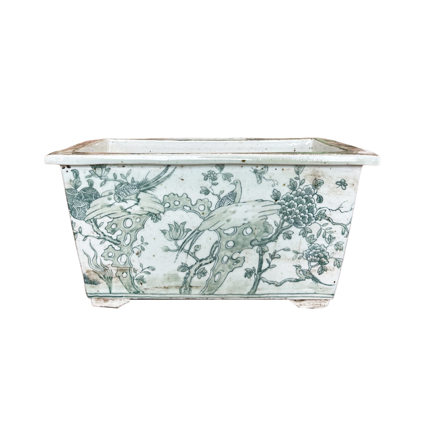Green and White Floral Planter