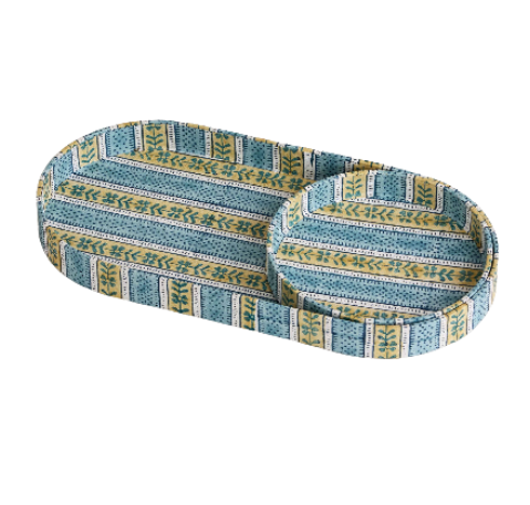 Block Printed Desk Tray Set - Floral Stripe Blue