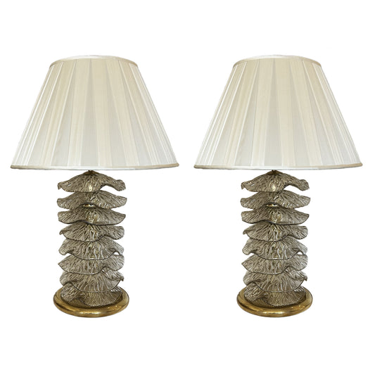 Pair of Murano Glass Ruffle Lamps with Silk Pleated Shade